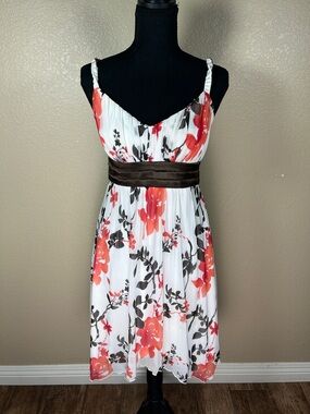 Sweet Storm White Midi Dress with Coral Floral Print and Brown Waistband